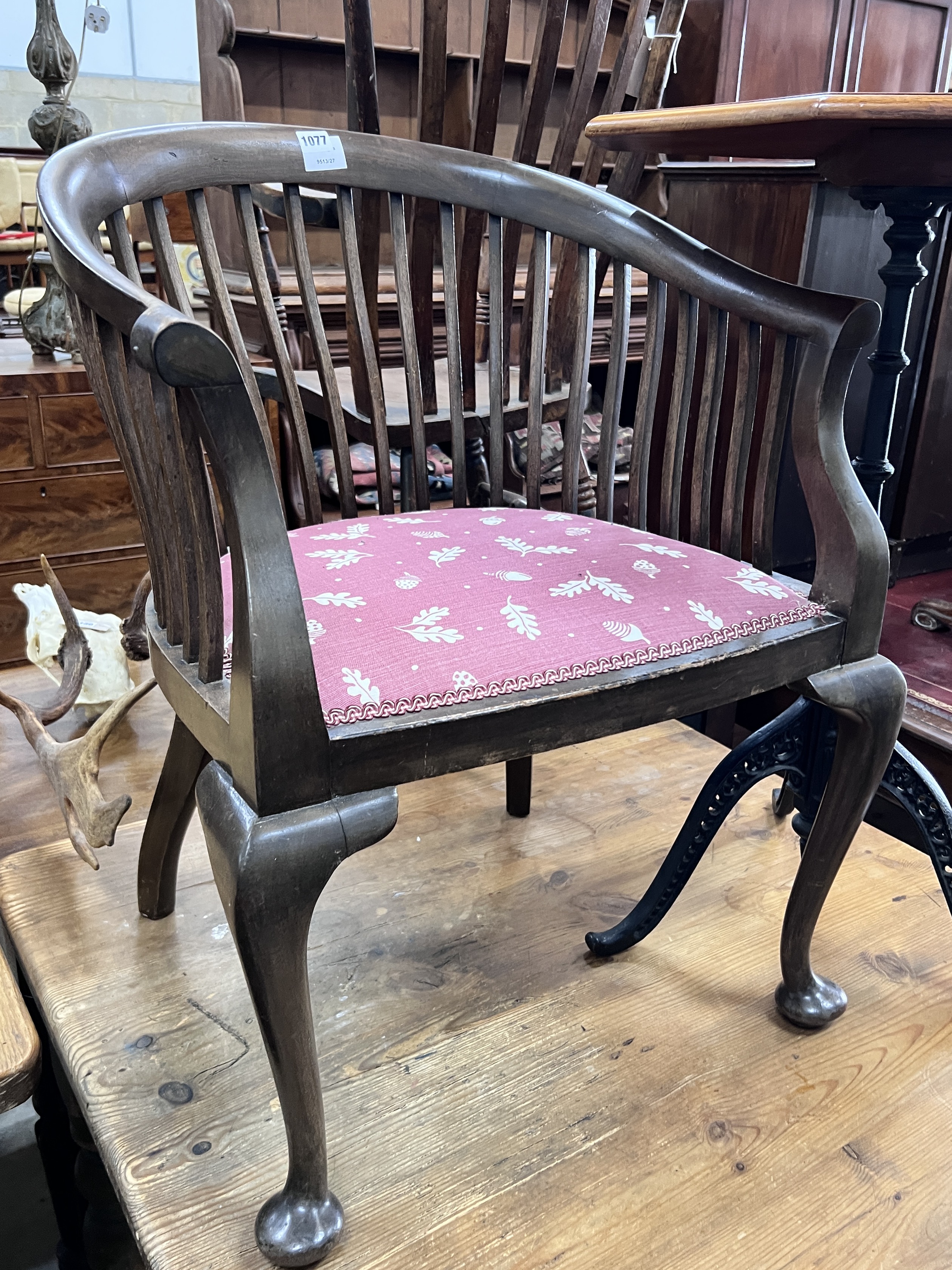 An Edwardian mahogany tub framed elbow chair, width 55cm, height 74cm